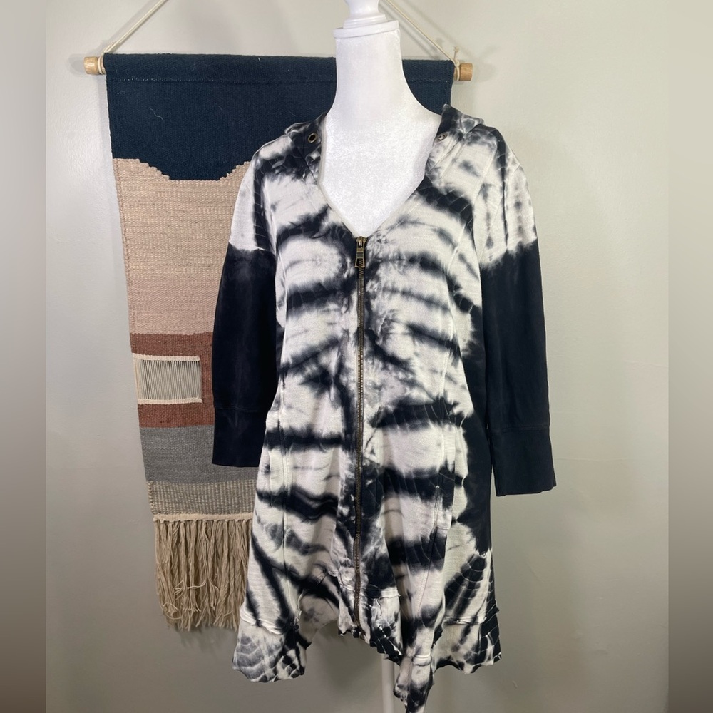 Lilly Mason Black Tie Dye Hoodie Flare Boho Jersey Full Zipper Cardigan/Dress L - Picture 1 of 5